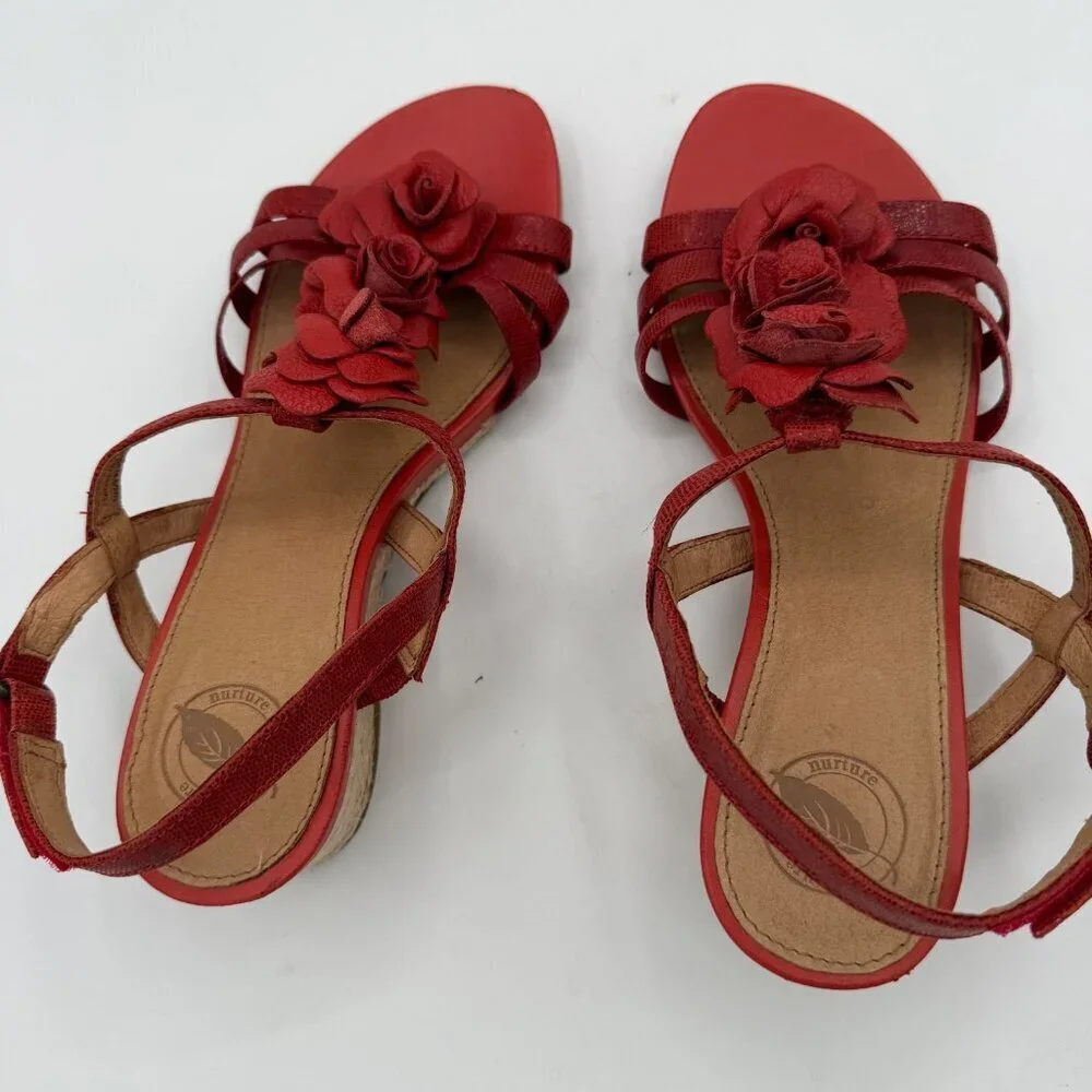 Nurture by Lamaze red leather espadrille wedge sandals 7.5M rosettes T-strap